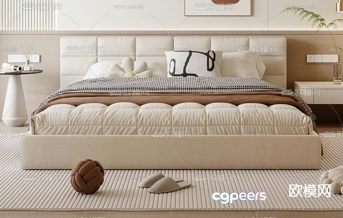 Cream style double bed 3d model