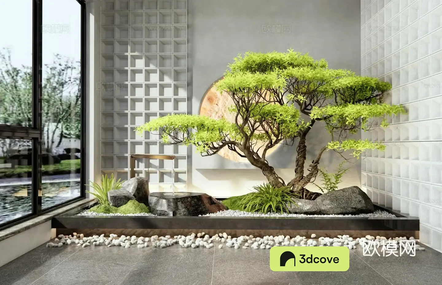 New Chinese style courtyard sketch Indoor landscape landscaping Water bowl Water view Stone Plant landscape