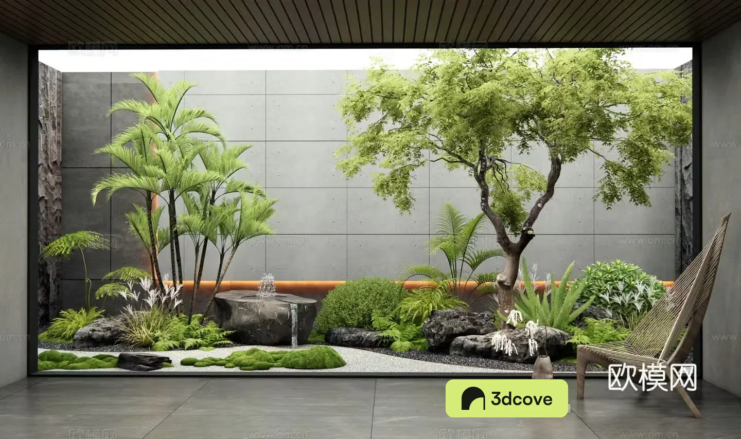 Modern interior landscape landscaping patio courtyard sketch stone moss plant landscaping water bowl