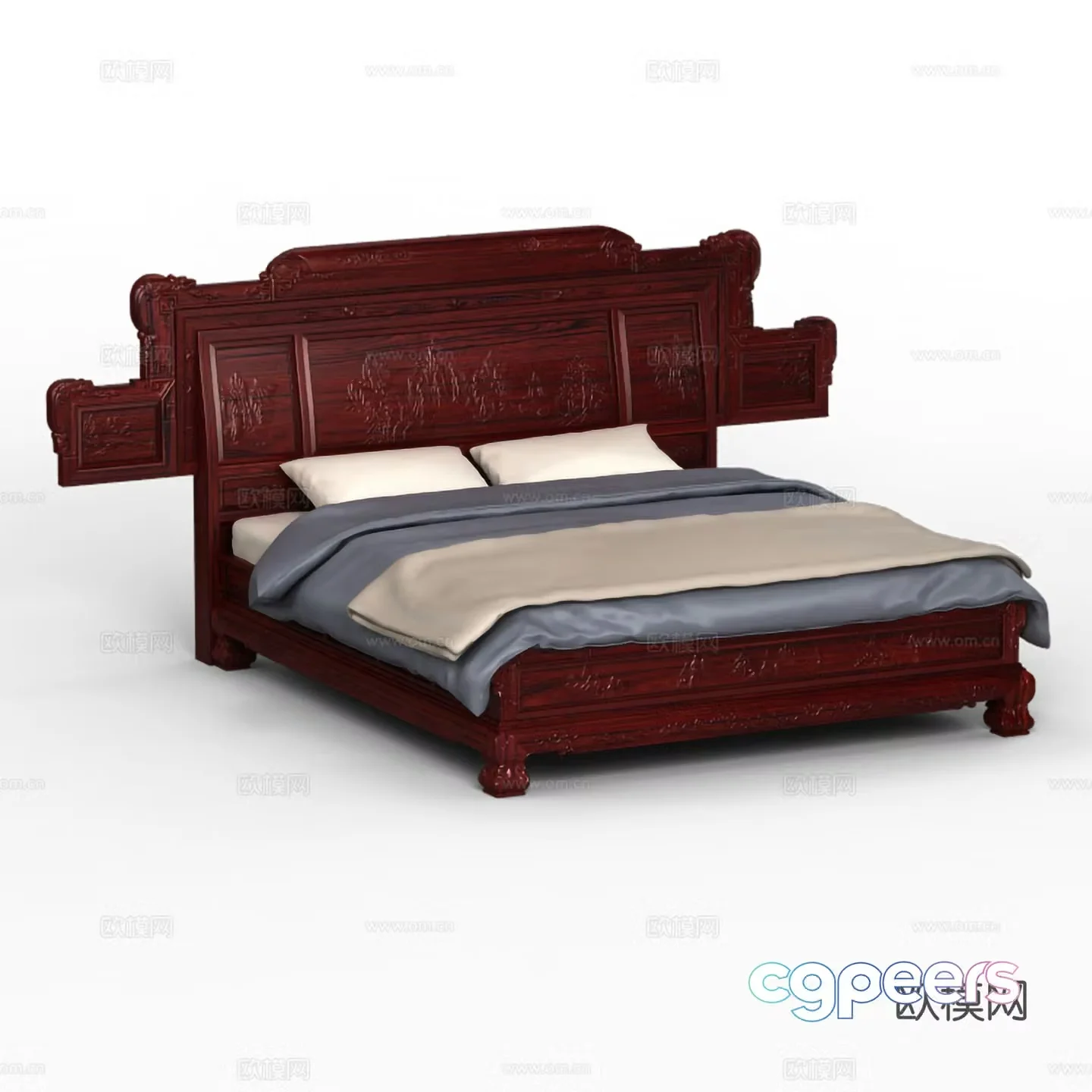 Chinese double bed carved bedside bed body solid wood mahogany 3D model