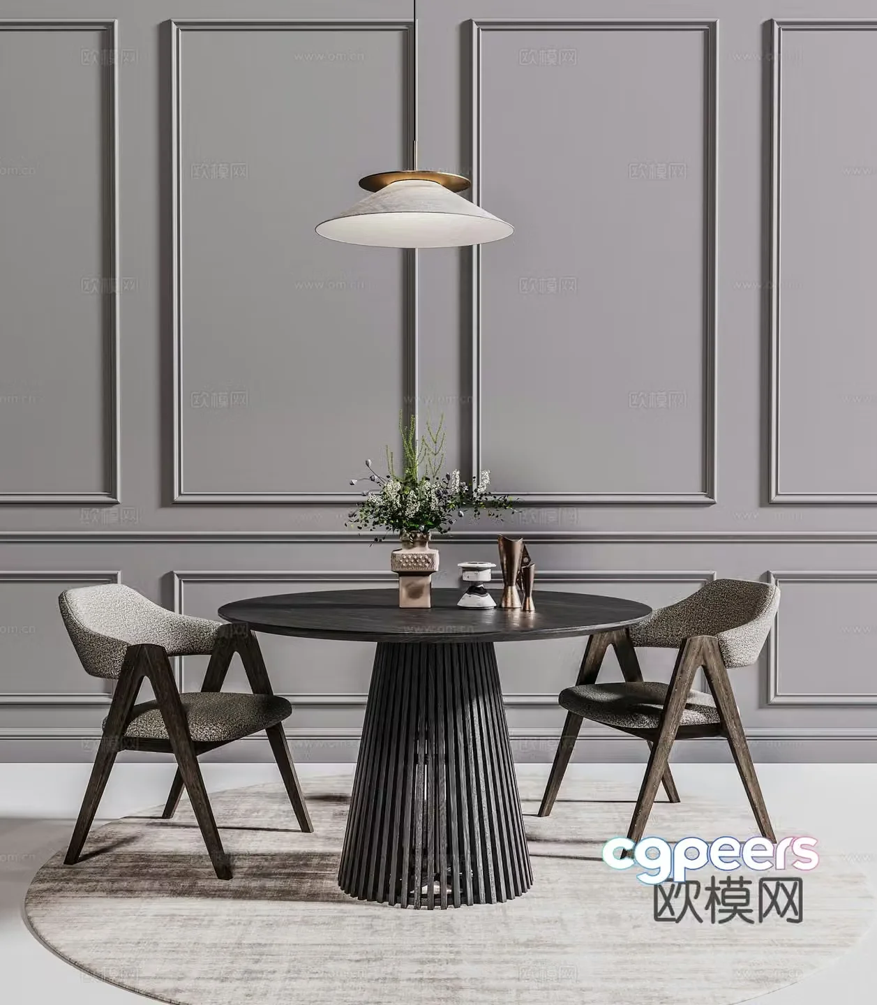 Medium style dining table modern dark dining table chandelier carpet 3d model
