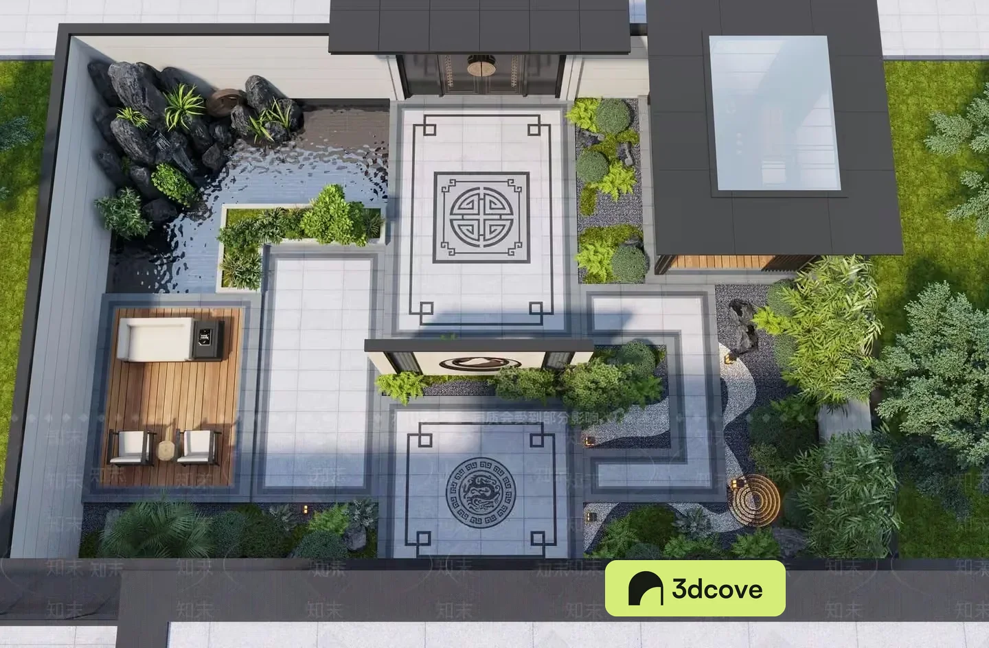 Aerial View Of A Modern Home With A Japanese-Inspired Garden