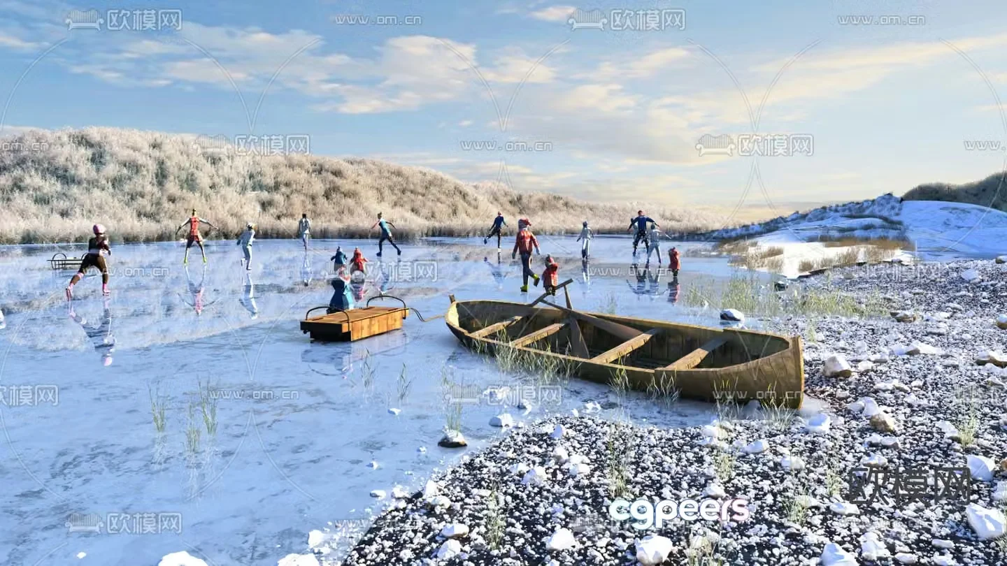 Winter lake skating scene ecological wetland park 3d model