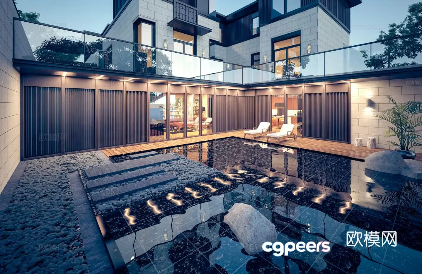 Modern villa night view villa courtyard villa swimming pool 3d model