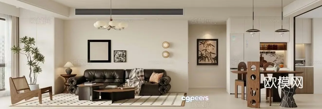 Medium cream living and dining room 3d model