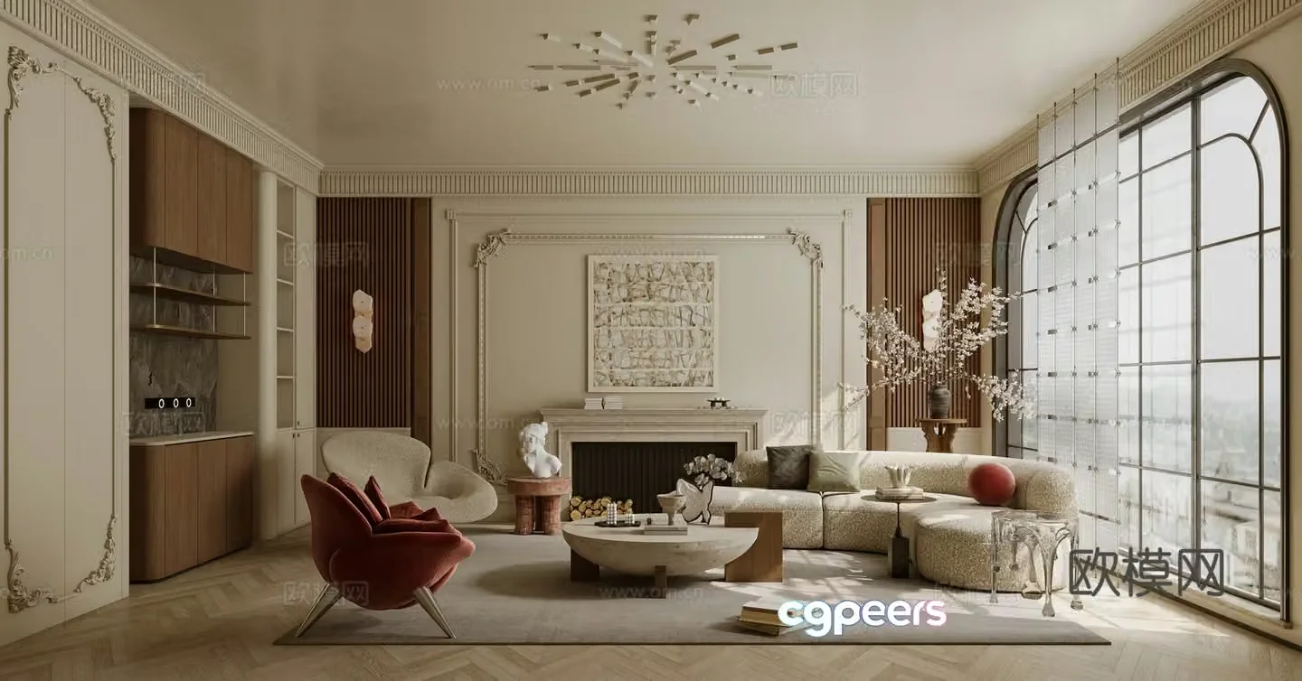 French living room sofa coffee table combination single sofa curved sofa side table 3D model