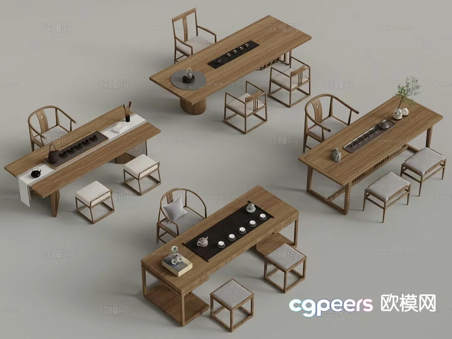New Chinese style tea table and chairs tea set Bogu rack 3D model