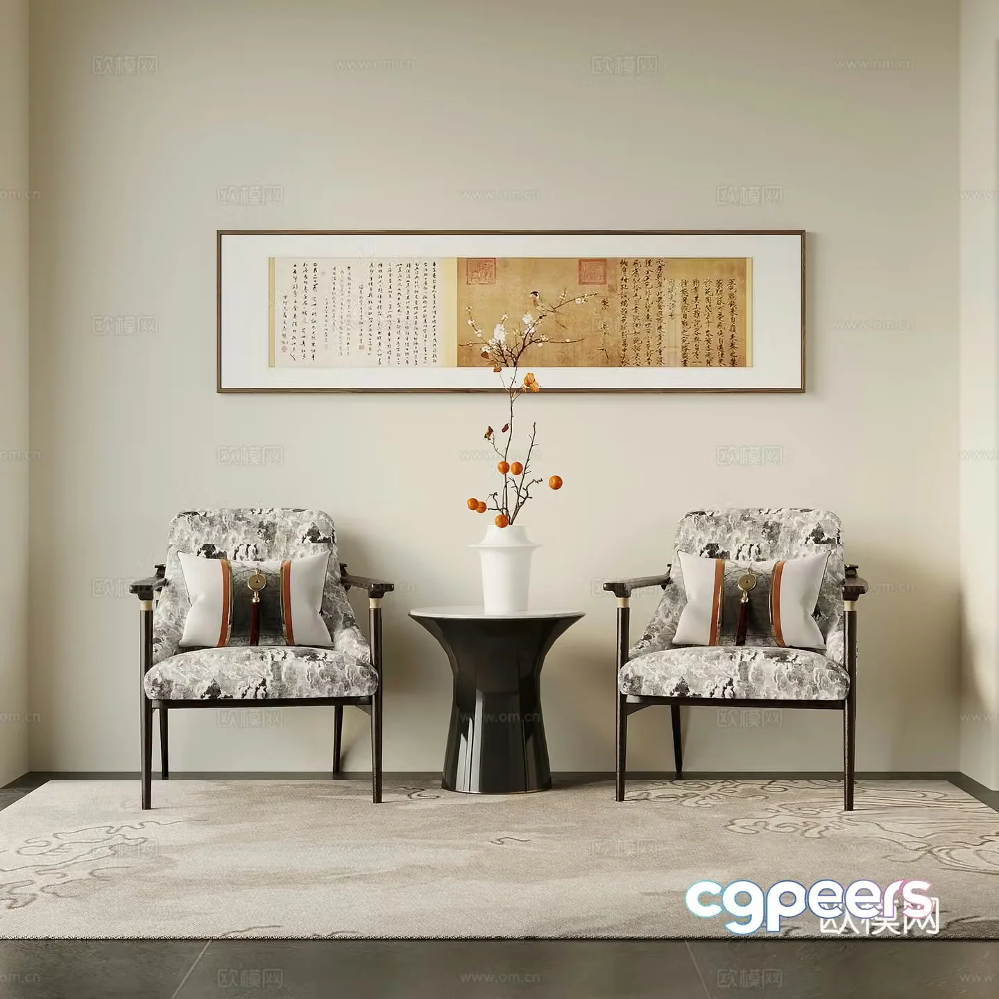 New Chinese style single chair single sofa side table decorative painting 3D model