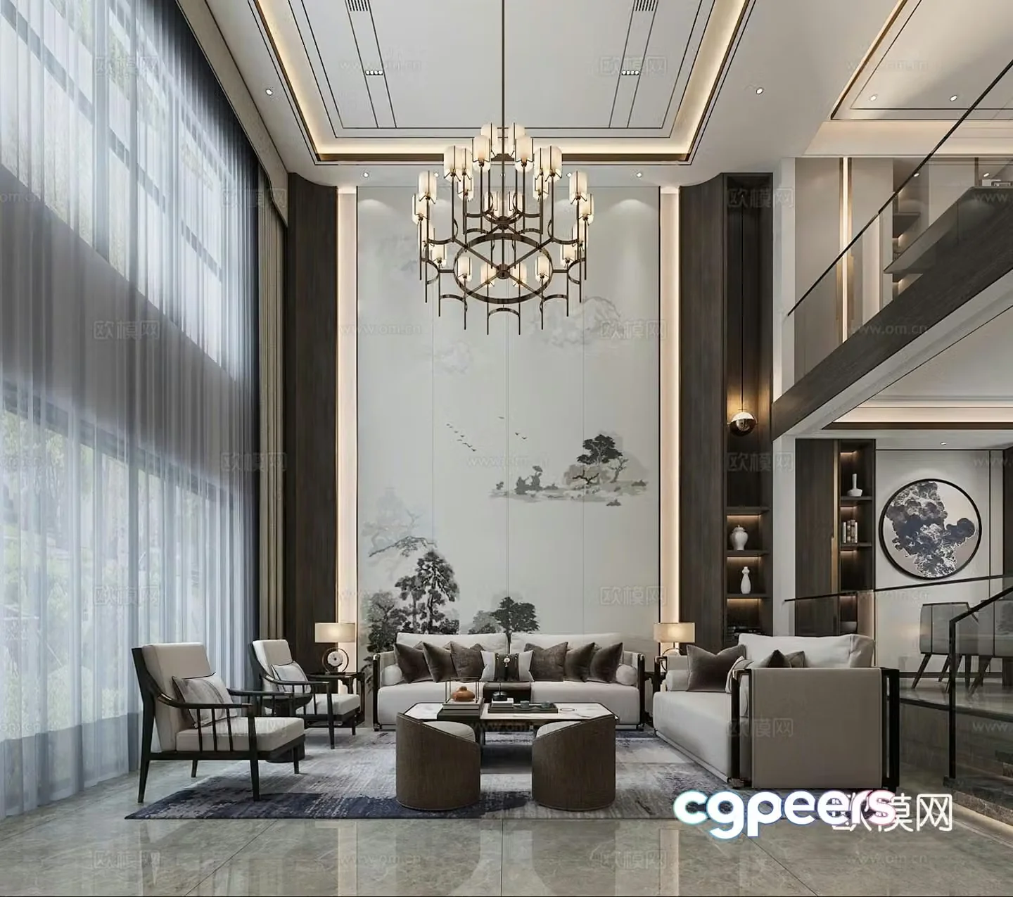 New Chinese style living and dining combination sofa dining table and chair chandeliers mural 3D model