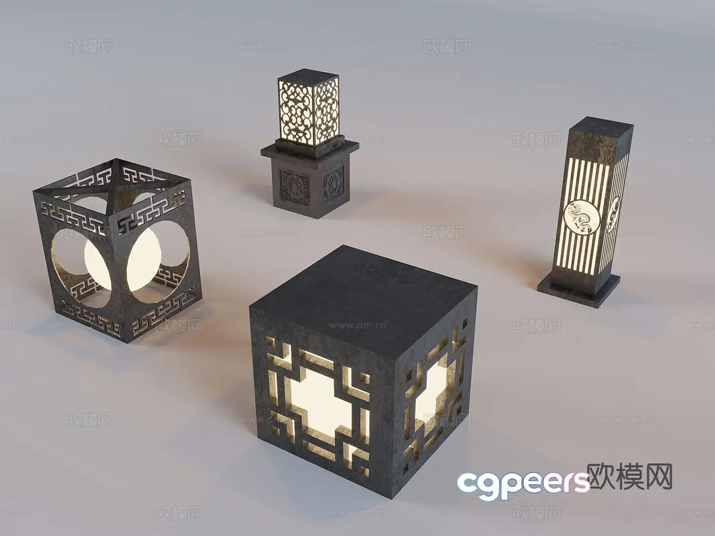 Outdoor courtyard landscape lights New Chinese style lawn lights Grass lamp lamp post light box 3D model