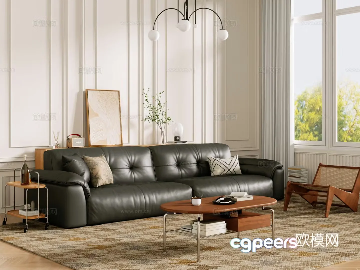 Middle-aged sofa combination coffee table carpet multi-person sofa 3D model
