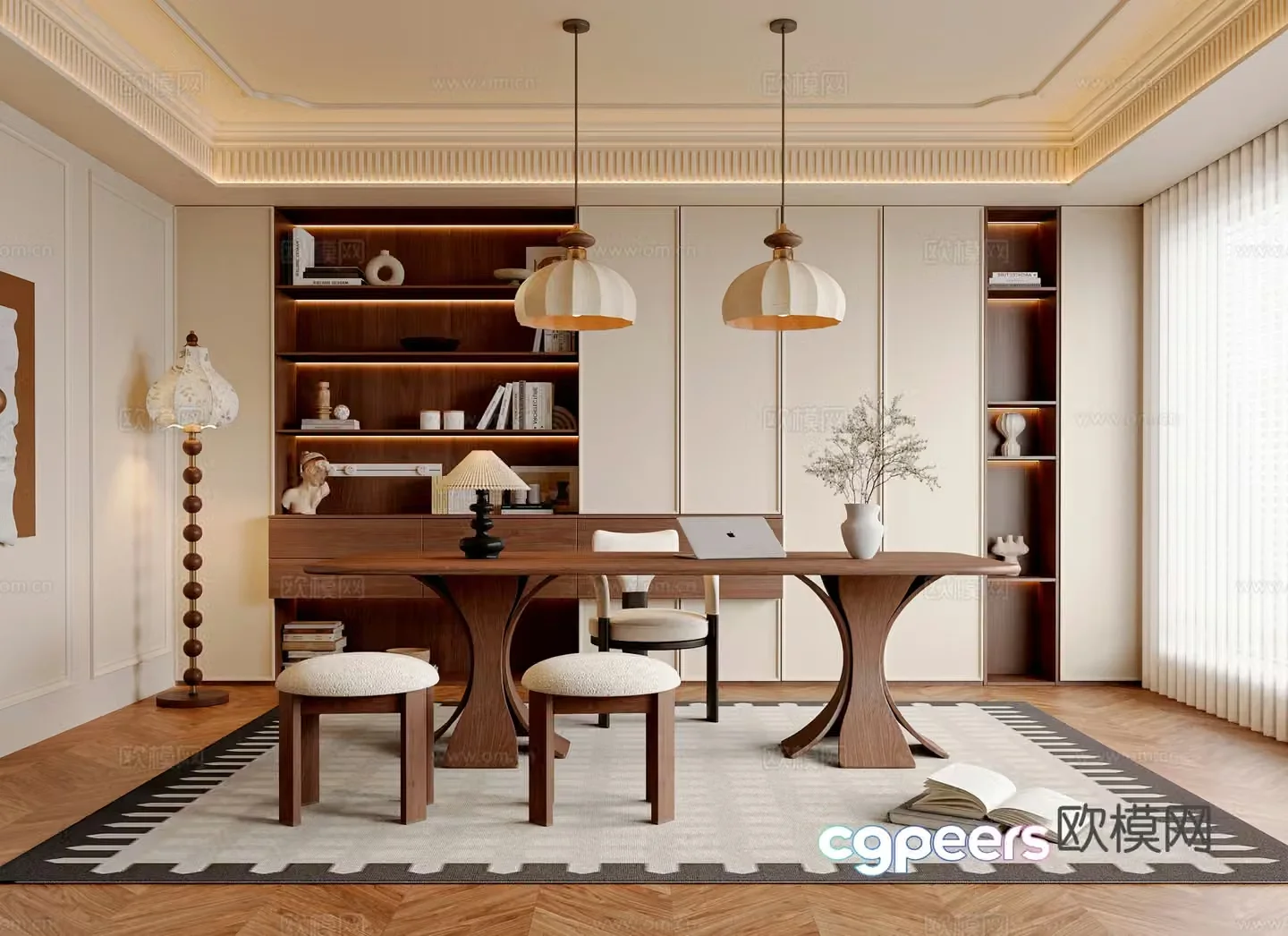 French medieval style study room medieval style desk and chair combination chandelier floor lamp medieval style bookcase 3D model