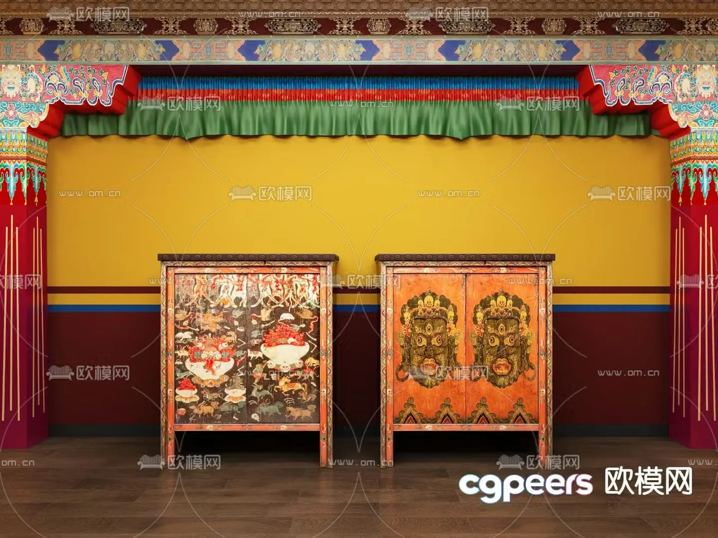 Tibetan ethnic style side cabinet decorative cabinet low cabinet 3D model
