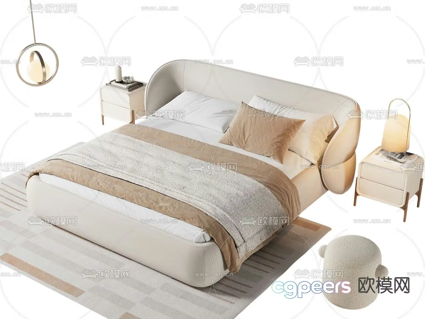 Cream style double bed 3d model