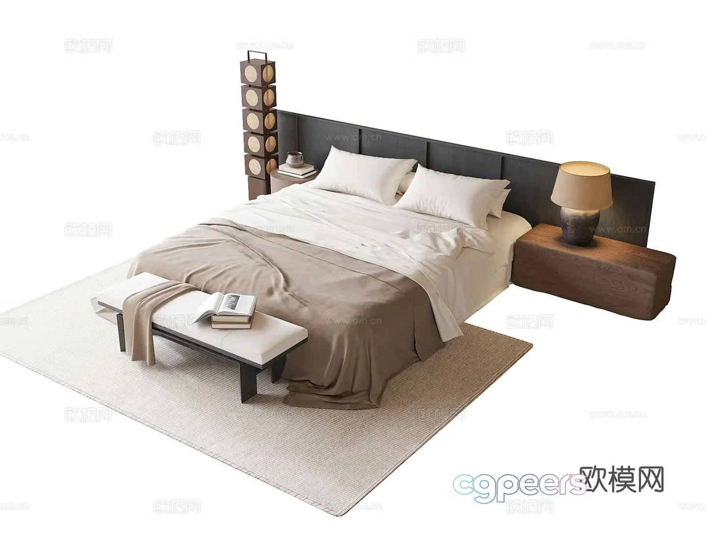Modern double bed bed tail stool bedside table desk lamp 3d model