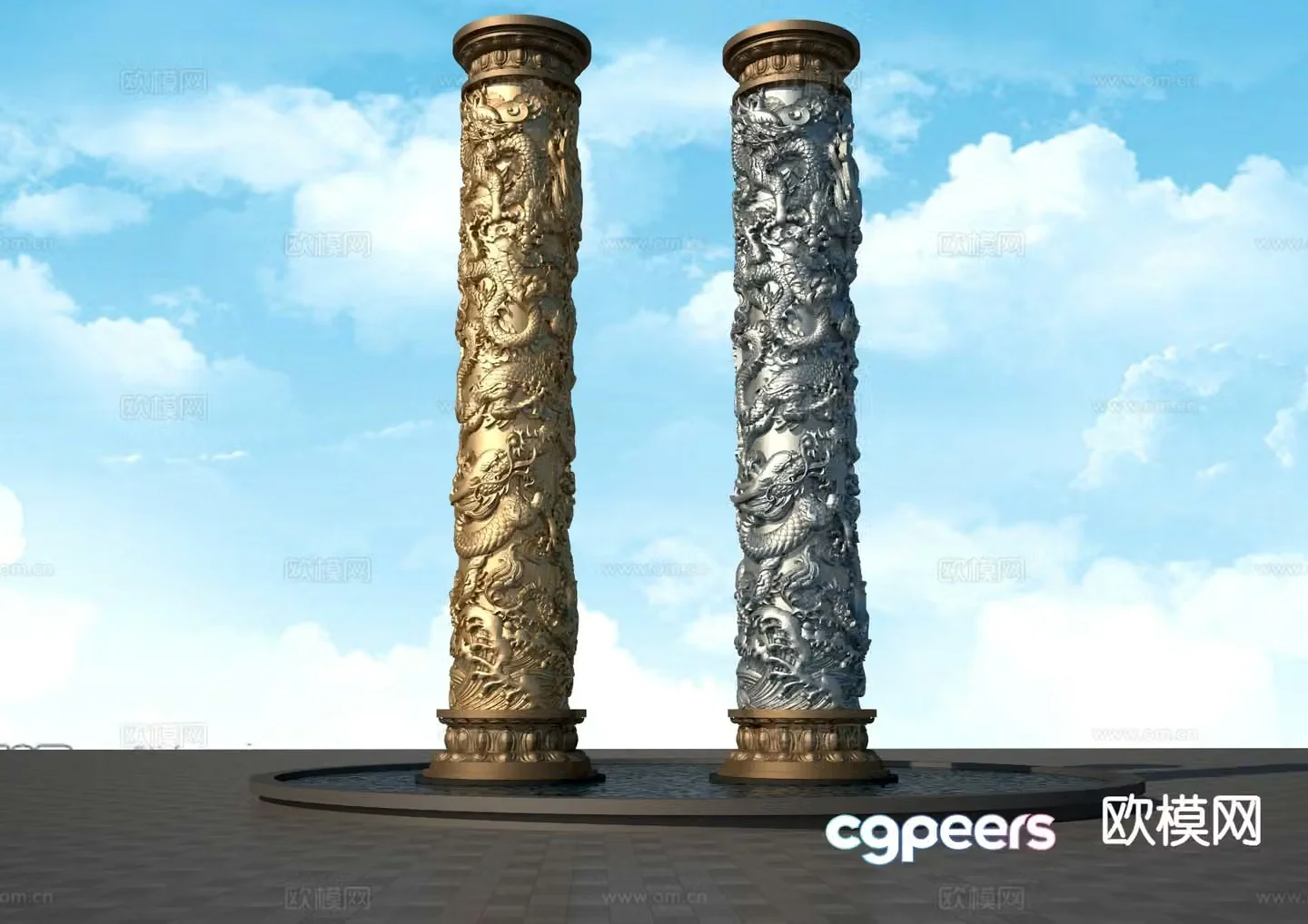 Nine Dragon Column Sculpture Square Sculpture 3D Model