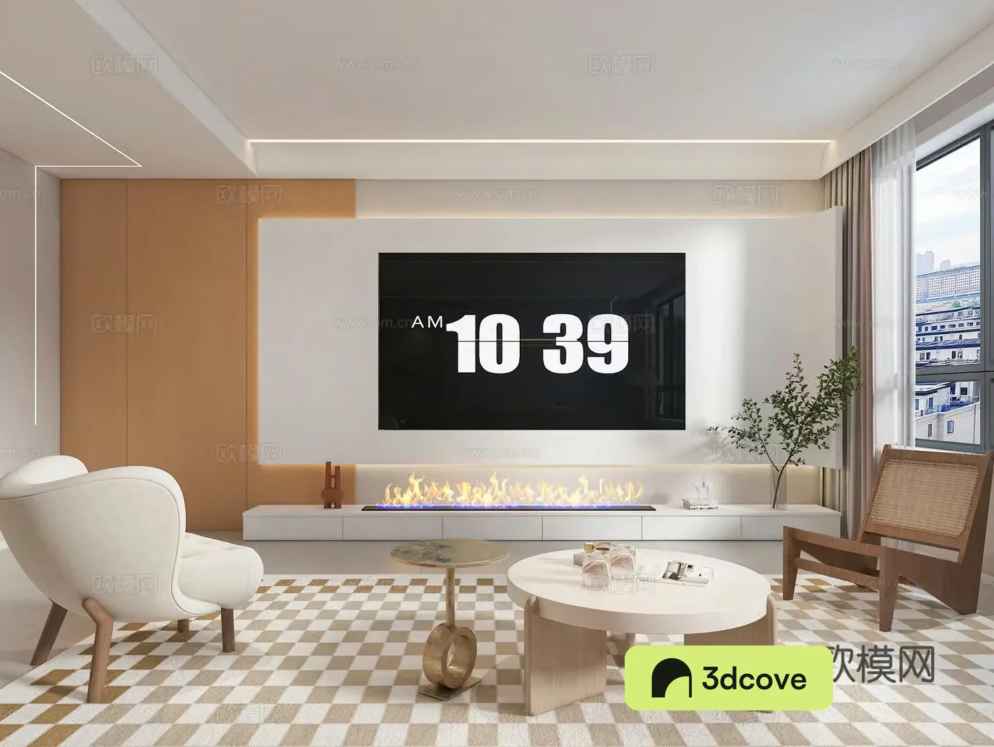 Modern living room TV background wall fireplace Nordic living room modern living dining lounge chair