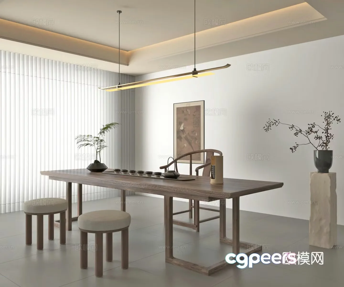New Chinese style tea room medieval style tea room table and chair new Chinese style chandelier 3D model