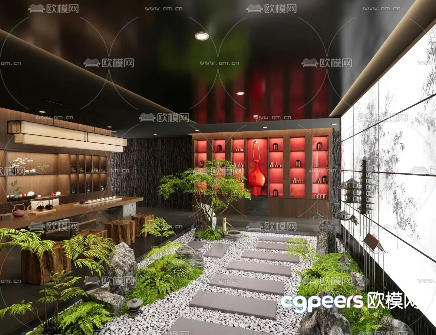 New Chinese style aisle interior landscape teahouse landscaping 3D model