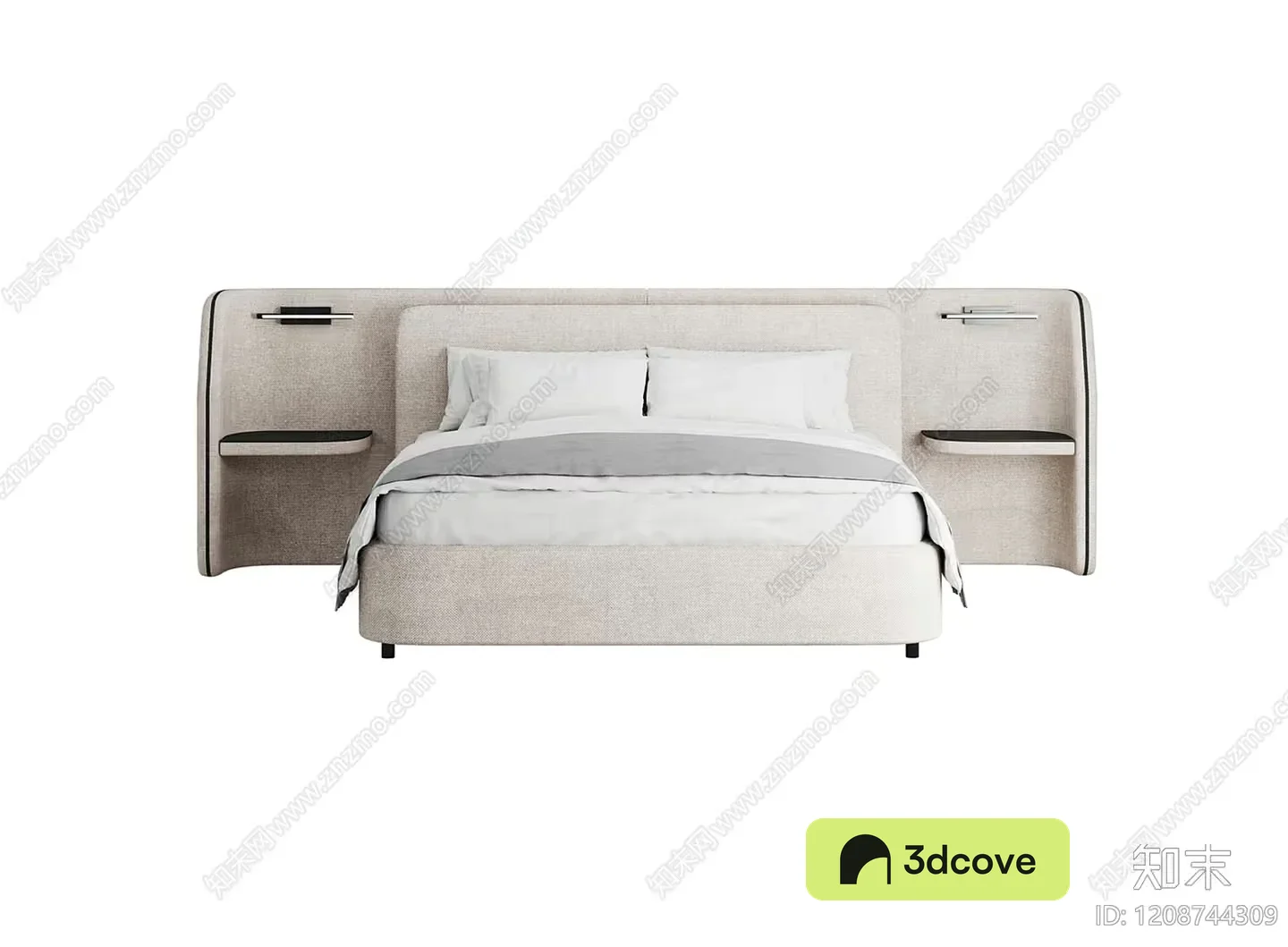 A Bed With A Beige Headboard And Matching Nightstands