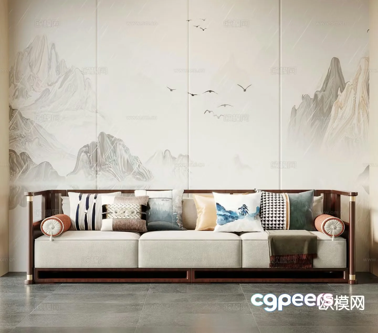 New Chinese style multi-person sofa 3D model of three-person sofa