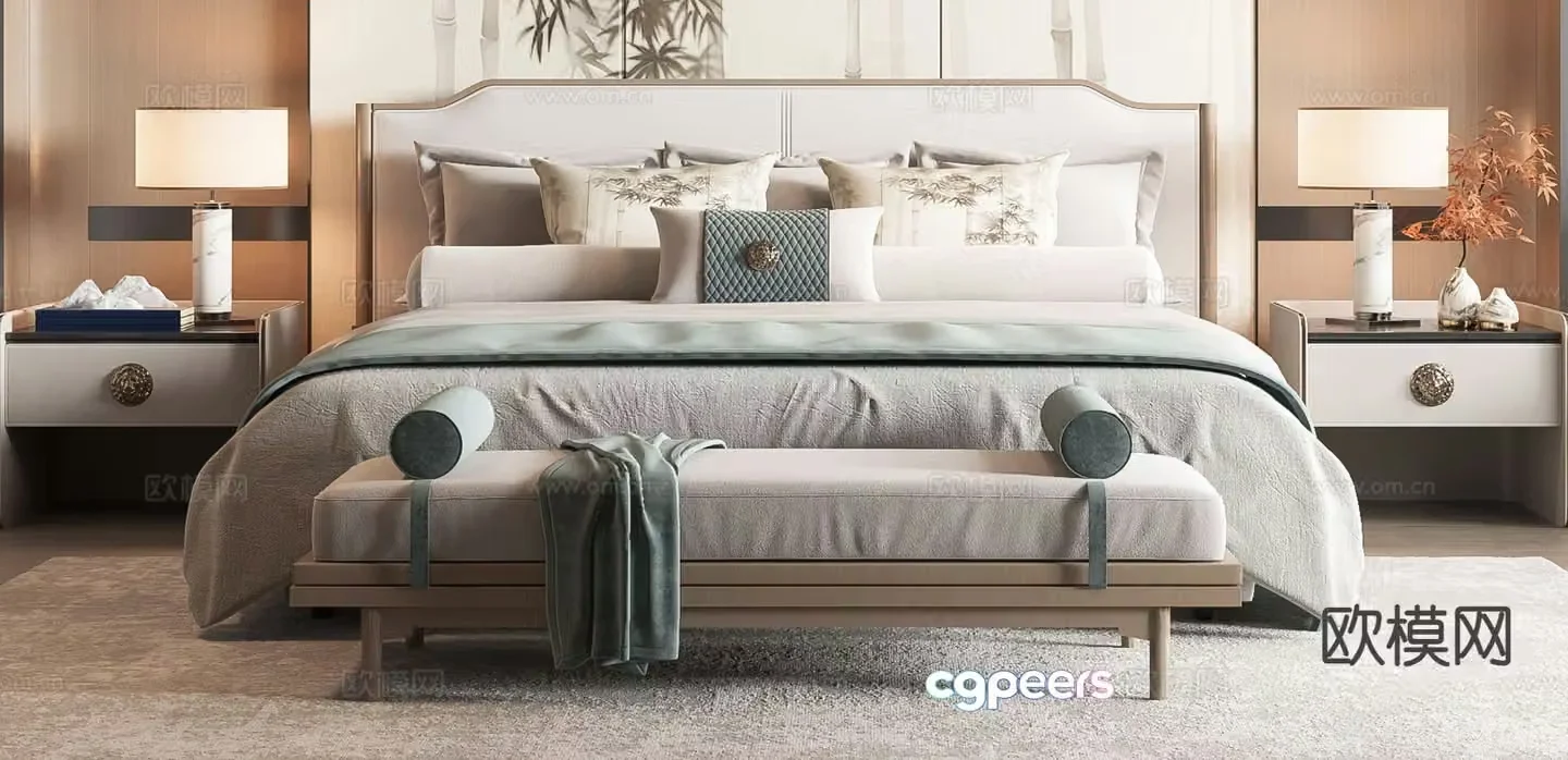 New Chinese style double bed 3d model