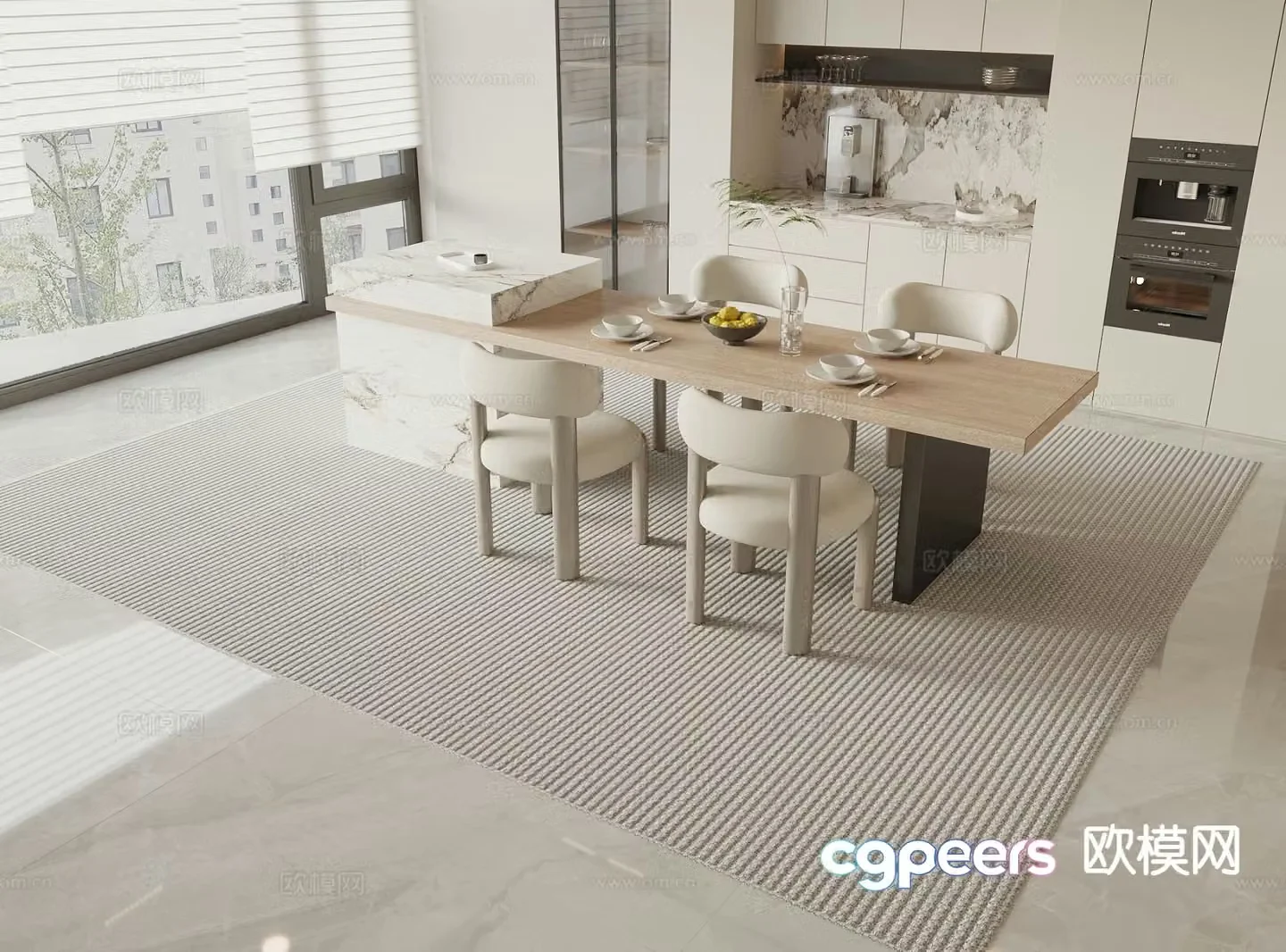 Modern island dining table and chairs 3d model