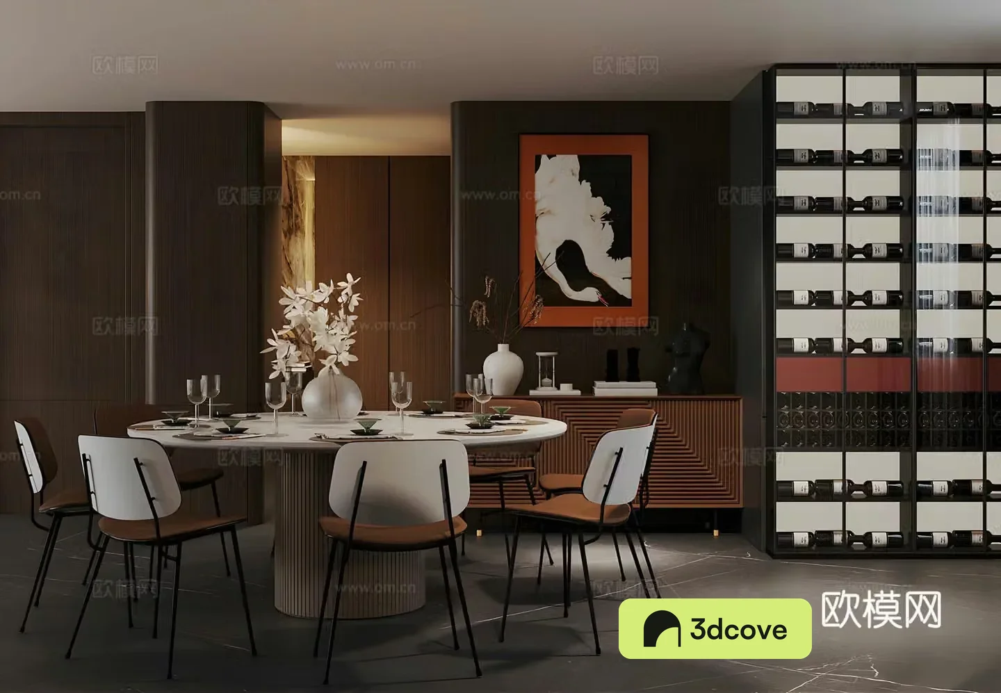 Italian light luxury home restaurant Marble oval dining table Kitchen restaurant Round table restaurant Red wine cabinet