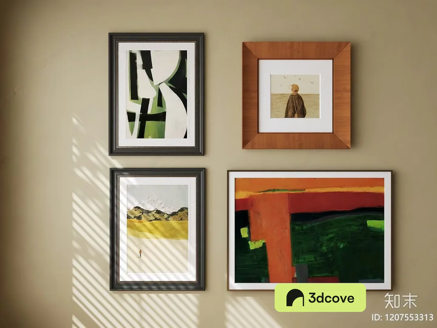 Four Framed Paintings On A Beige Wall
