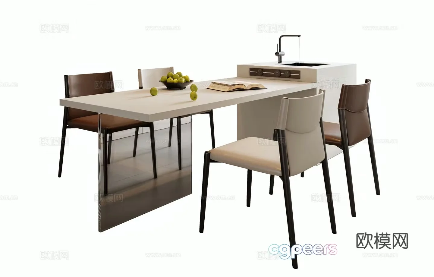 Modern island dining table and chairs 3d model