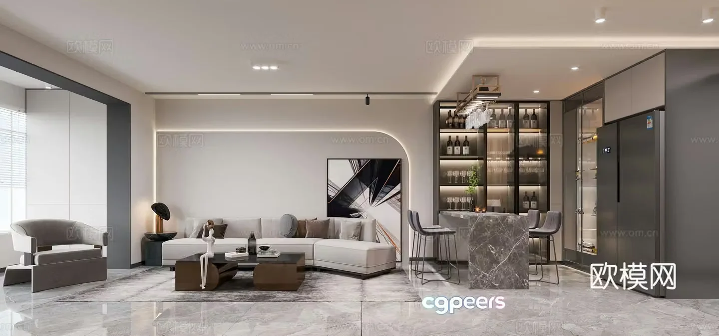 Modern living and dining room 3d model