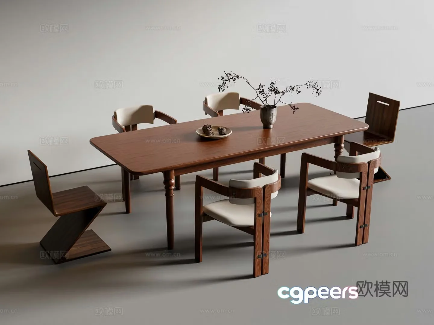 Middle style dining table and chairs Solid wood dining table 3D model