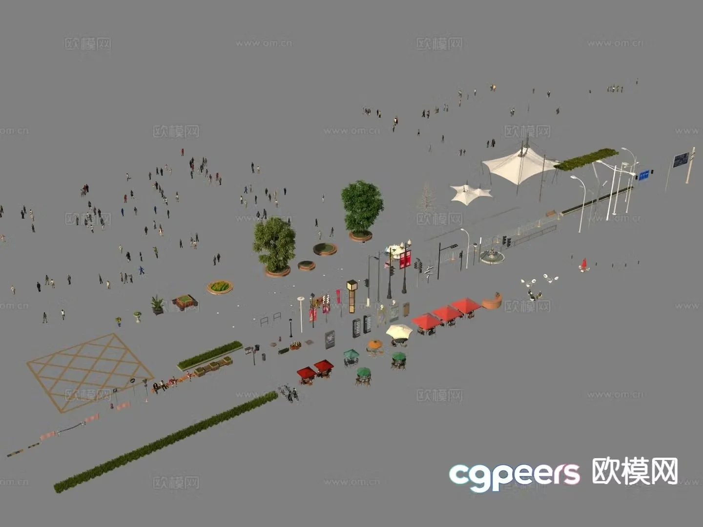 Modern landscape sketch flower bed people trees parasols street lights shrubs 3D model