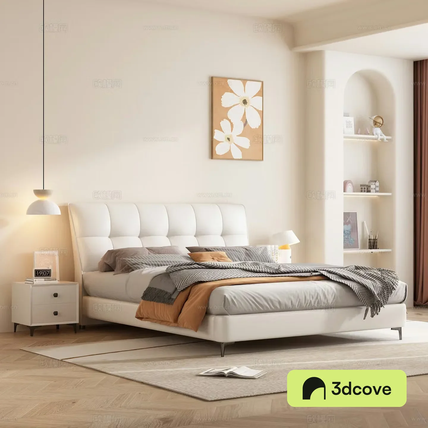 Double bed leather soft pack double bed cream style master bedroom bed leather bed bedroom nightstand