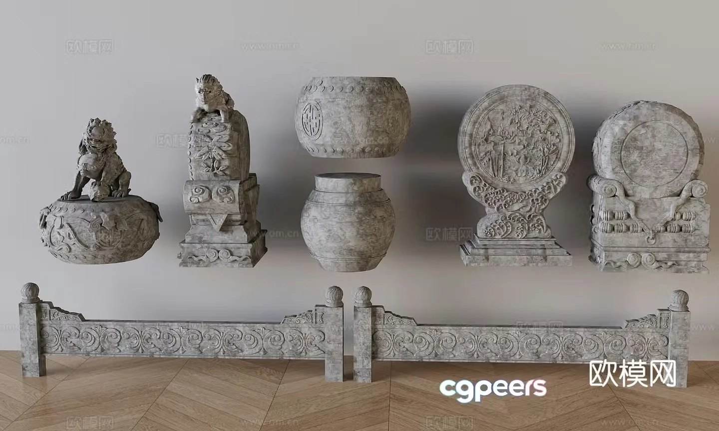 Chinese style stone lion drum stone stone drum door pier stone carving stone pier 3D model