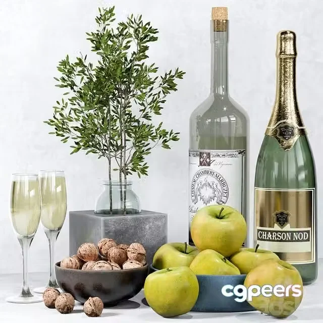 3ds Max Free – Kitchen decor, champagne, nuts, apples, bouquet in a vase