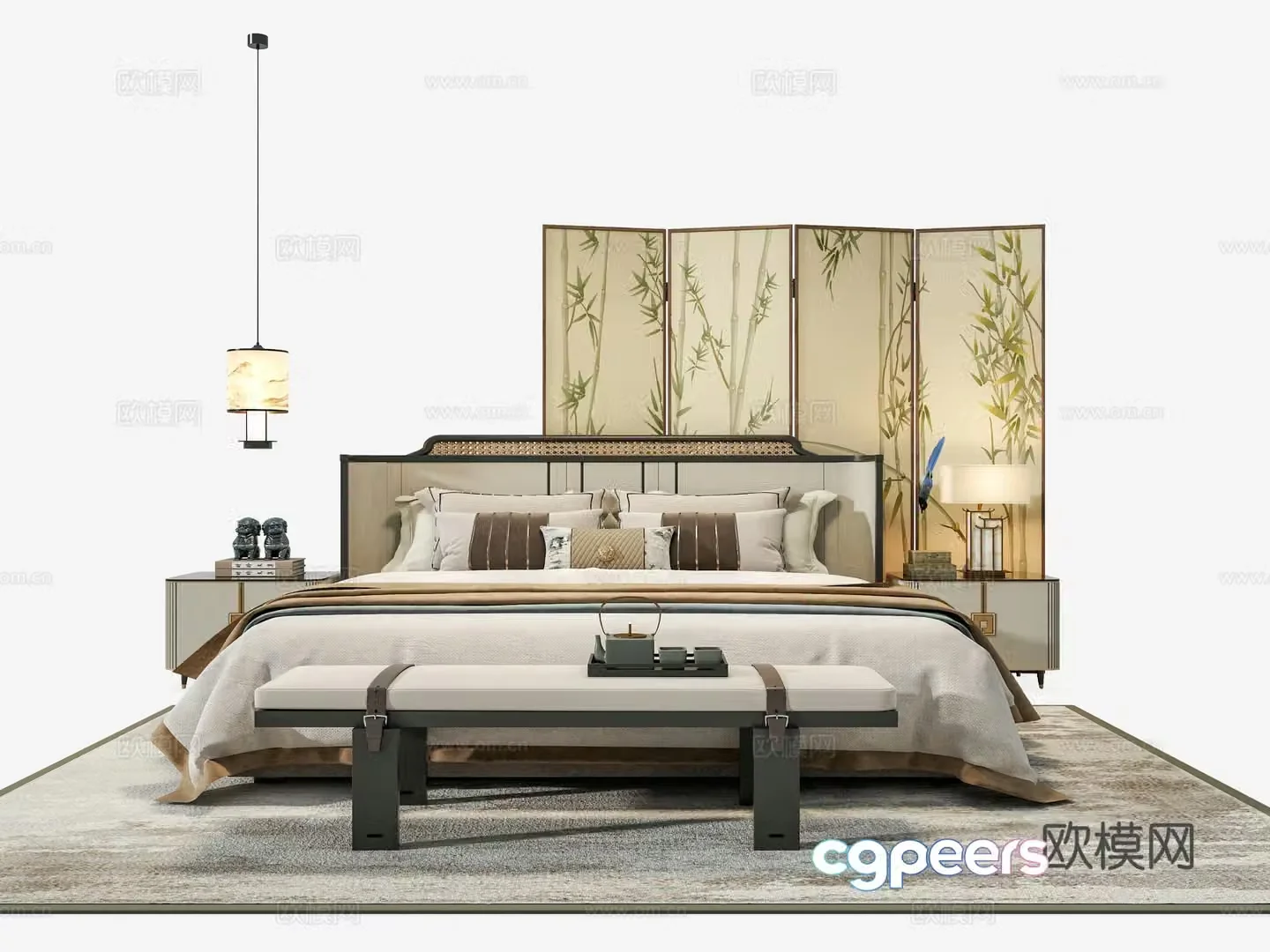 Zen New Chinese Style Bedroom Fabric Double Bed Song Dynasty Aesthetic Screen Song Family Bedside Table Pendant Light 3D Model