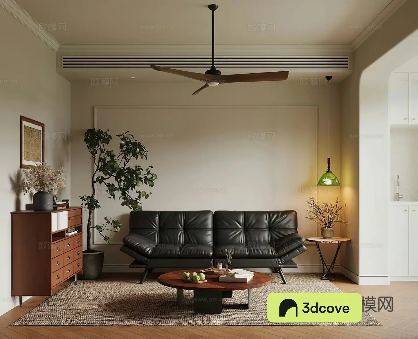 Middle style living room combination sofa entrance cabinet chest of drawers decorative cabinet fan light retro living room 3D model