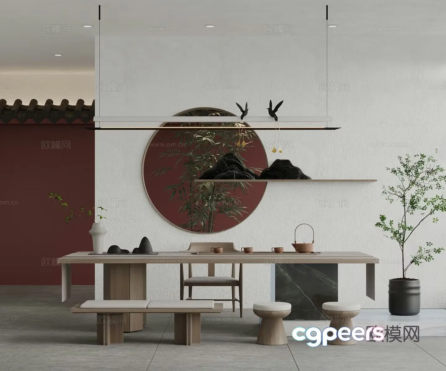 New Chinese tea table and chairs 3d model