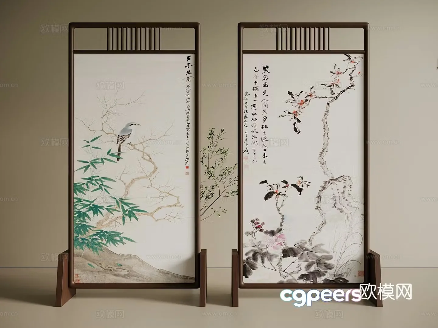 New Chinese style medieval screen wooden screen fabric screen partition 3d model