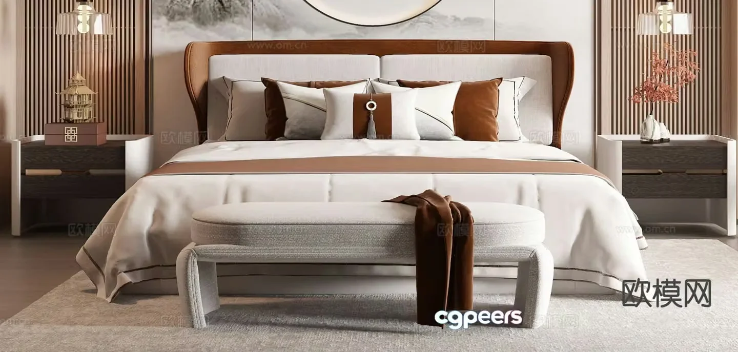 New Chinese style double bed 3d model