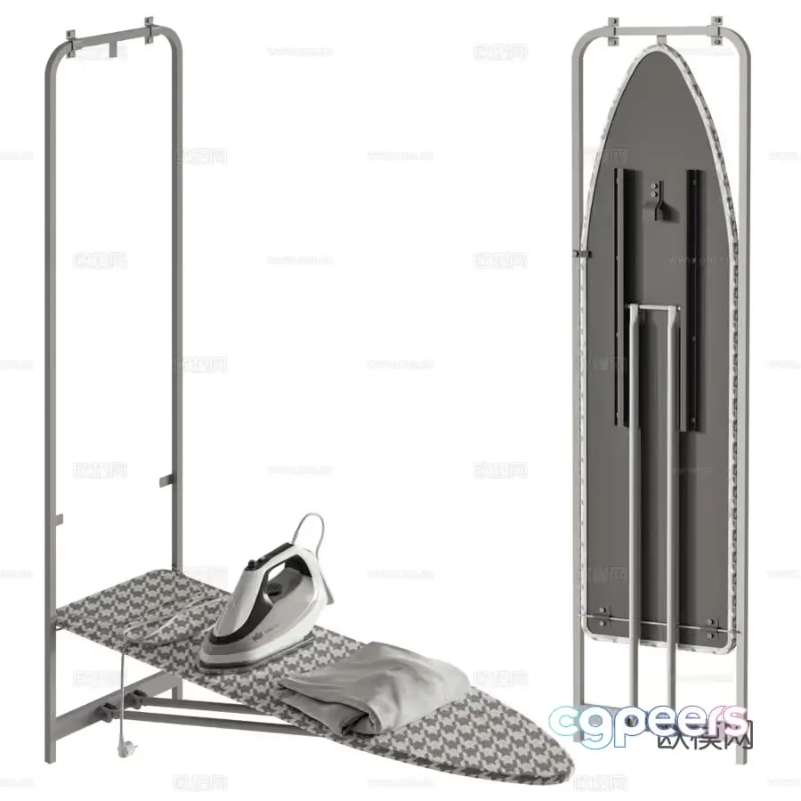 A Freestanding Ironing Board With An Iron And A Folded Grey Towel 3D Model – 9007 – VRAY Render