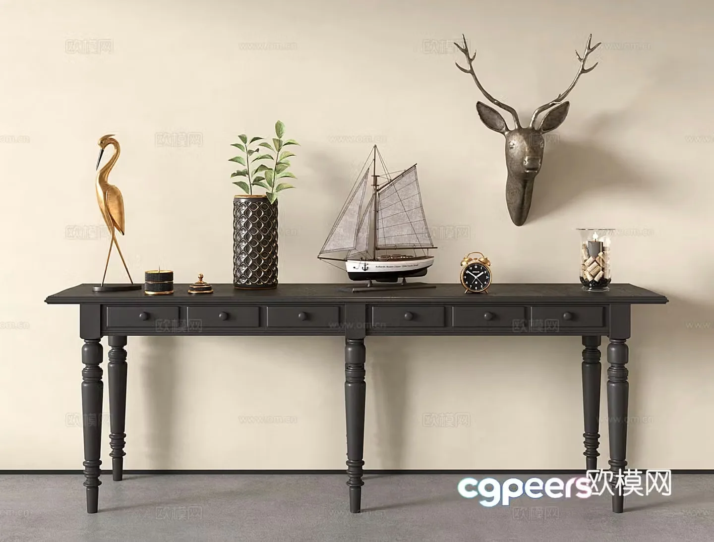 French retro plaque entrance decorative table deer head sculpture sailing 3d model