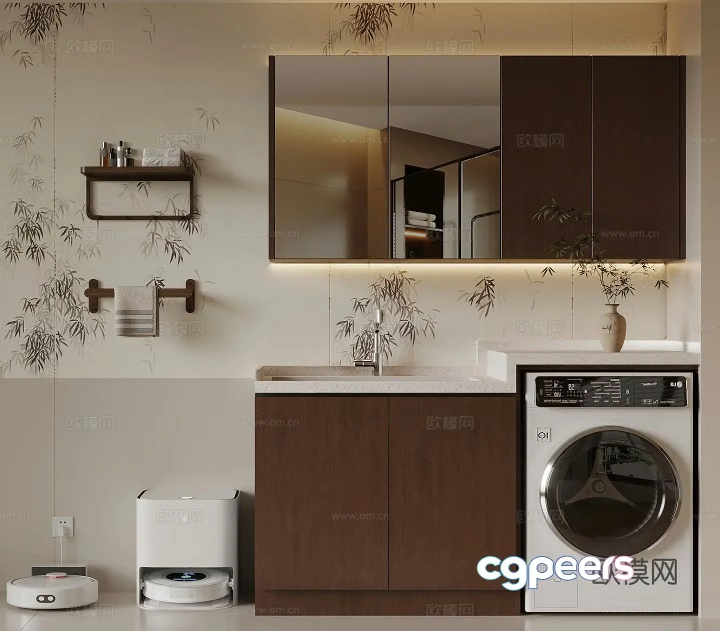 New Chinese style balcony washing machine cabinet bathroom cabinet 3d model