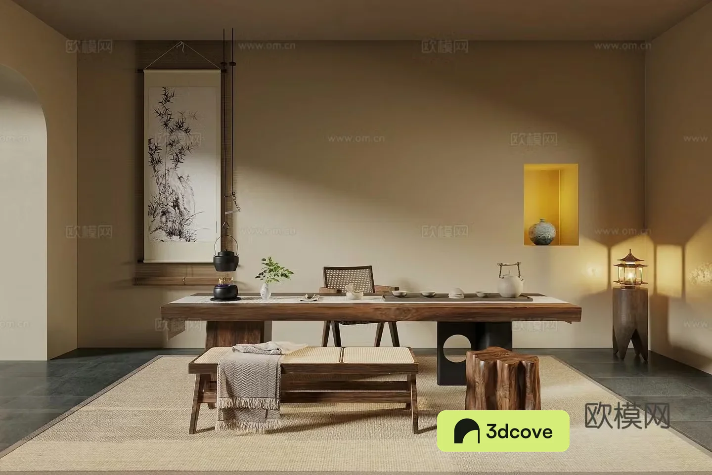 Middle-aged tea room tea tasting area Japanese tea room tatami tea room tatami tea table and chair tea leaves 3D model