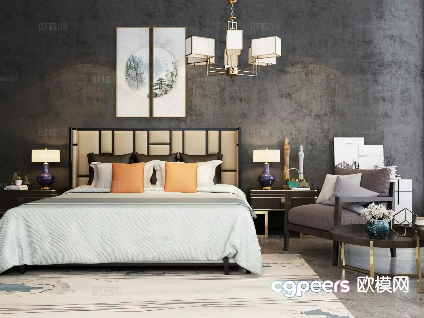 New Chinese style double bed 3d model