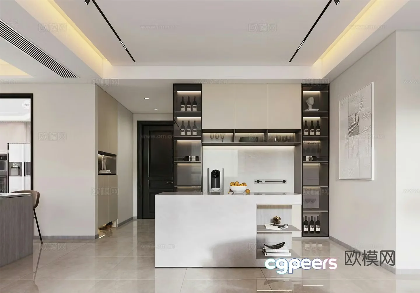 Modern restaurant island bar open kitchen wine cabinet social hall modern living restaurant 3d model