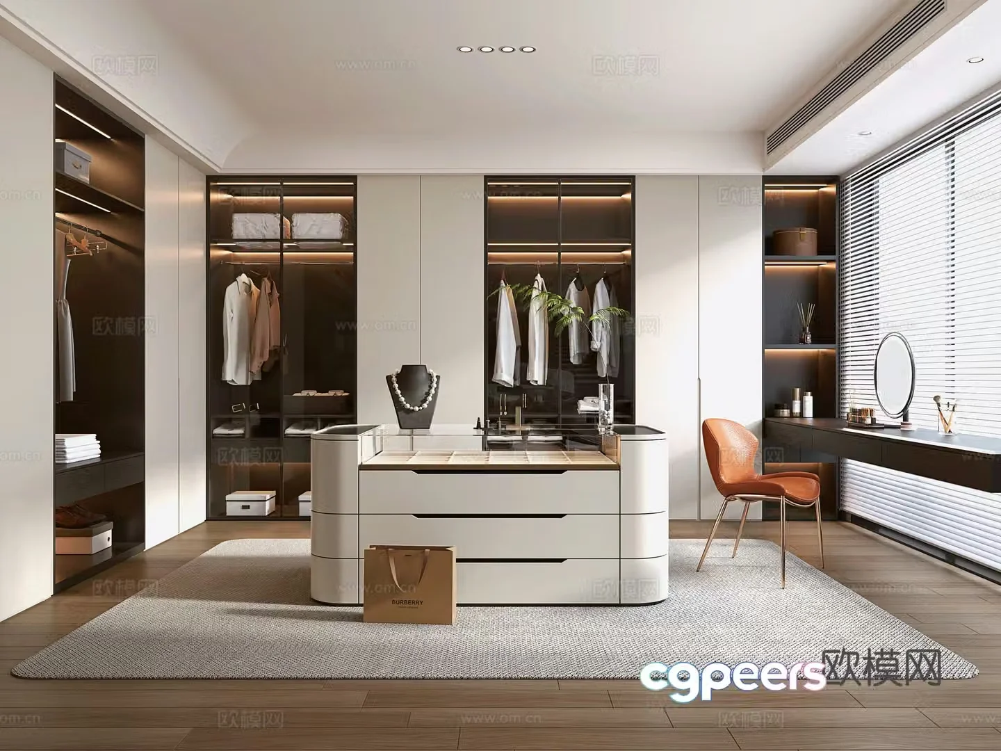 Modern light luxury cloakroom Zhongdao cloakroom Dressing table Cosmetics Clothing bag Storage 3D model