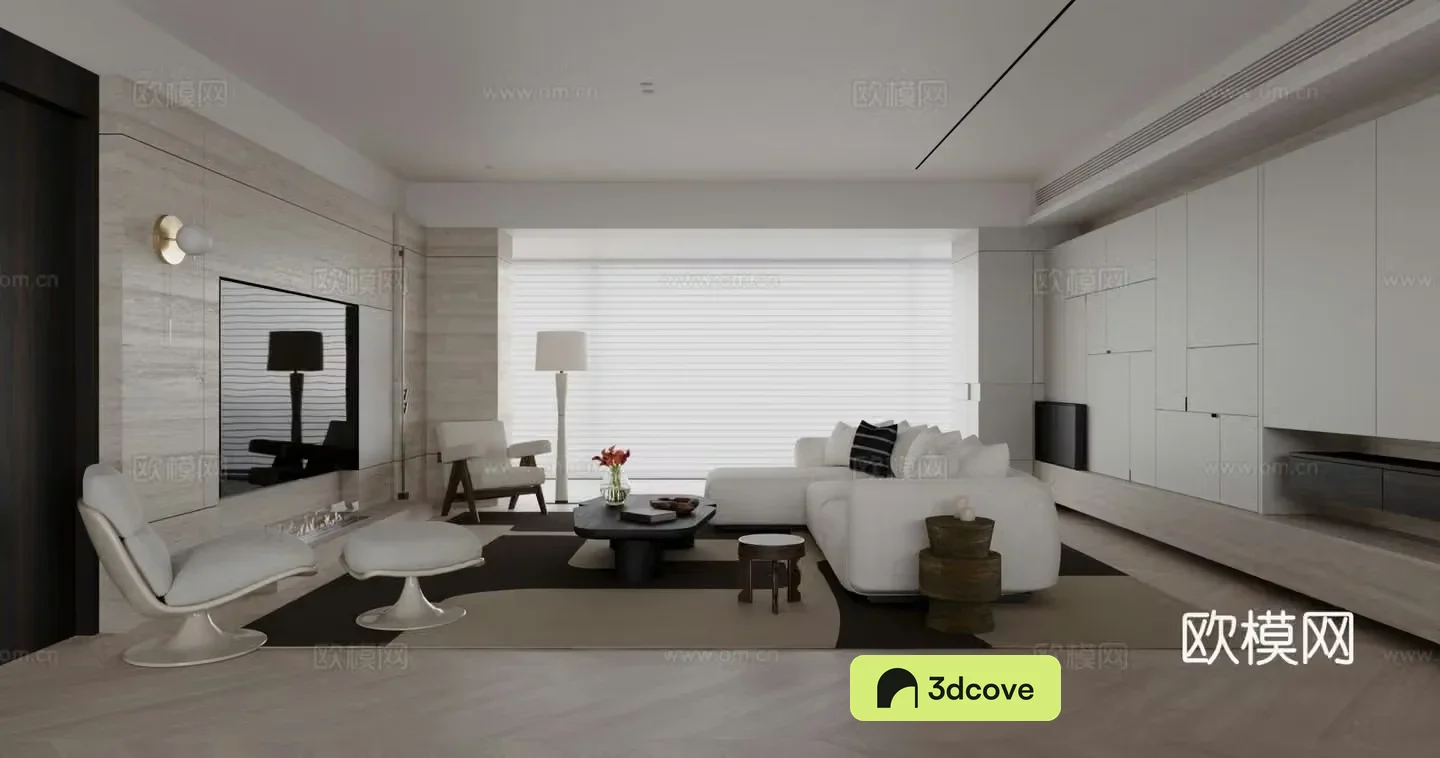 Modern living and dining room sofa coffee table carpet floor lamp
