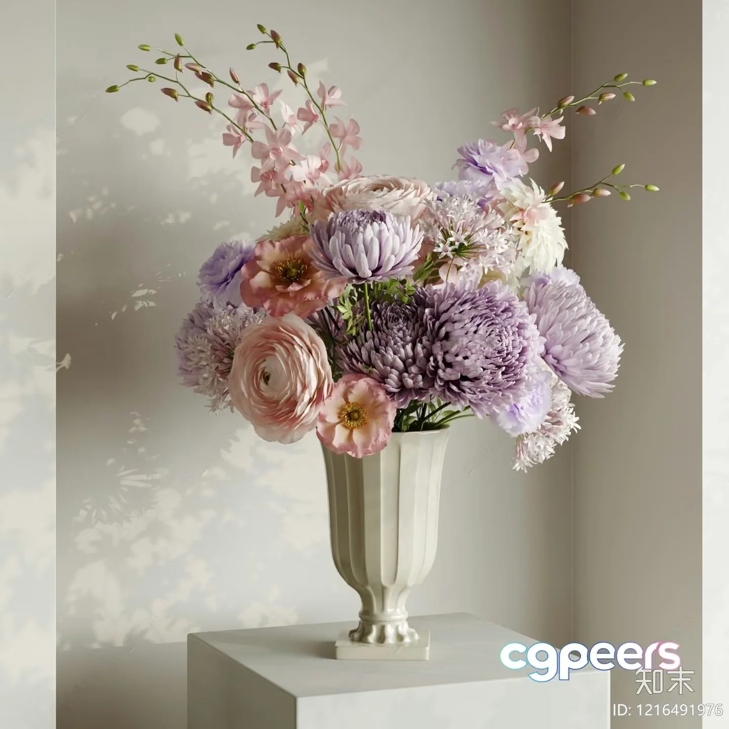 A White Vase With A Floral Arrangement 3D Model – 15336 – VRAY Render